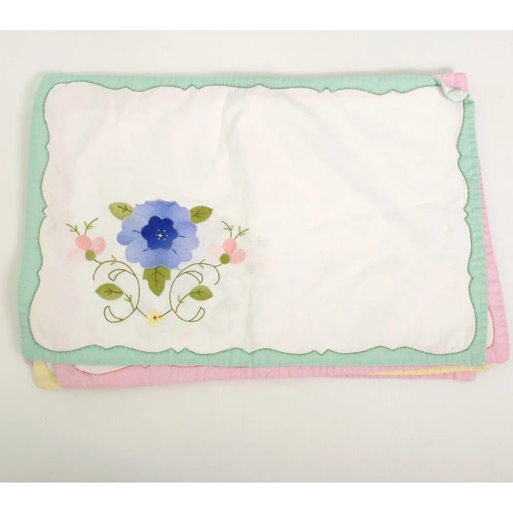 6 Vintage Fabric Placemats Applique Flowers Rectangle Place Mat Pastel